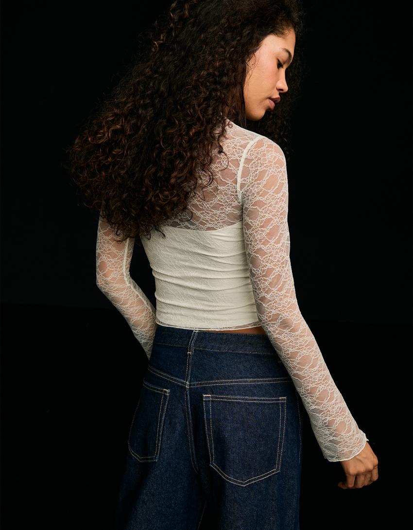 T-shirt à manches longues en dentelle-Écru