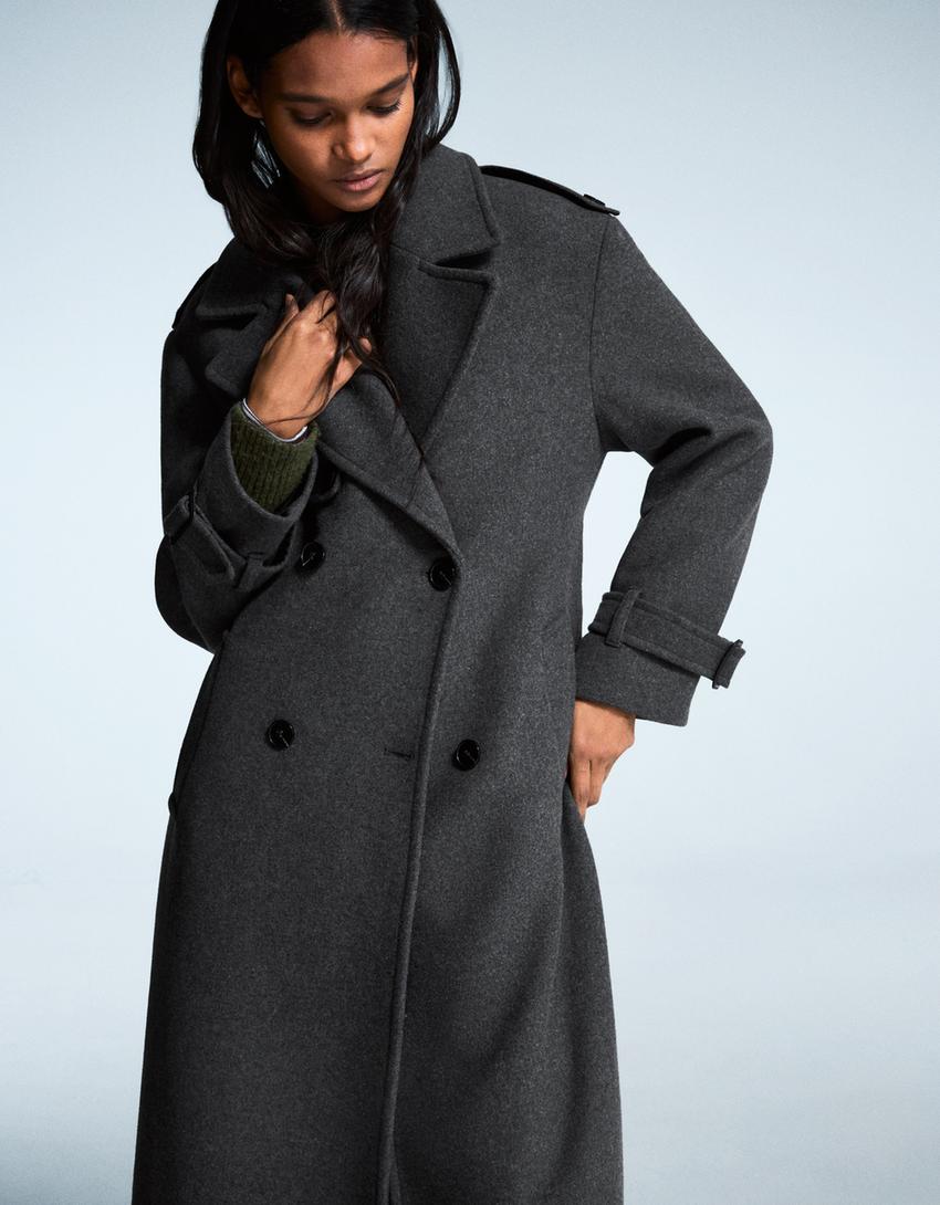 Trench-coat oversize en laine-Gris
