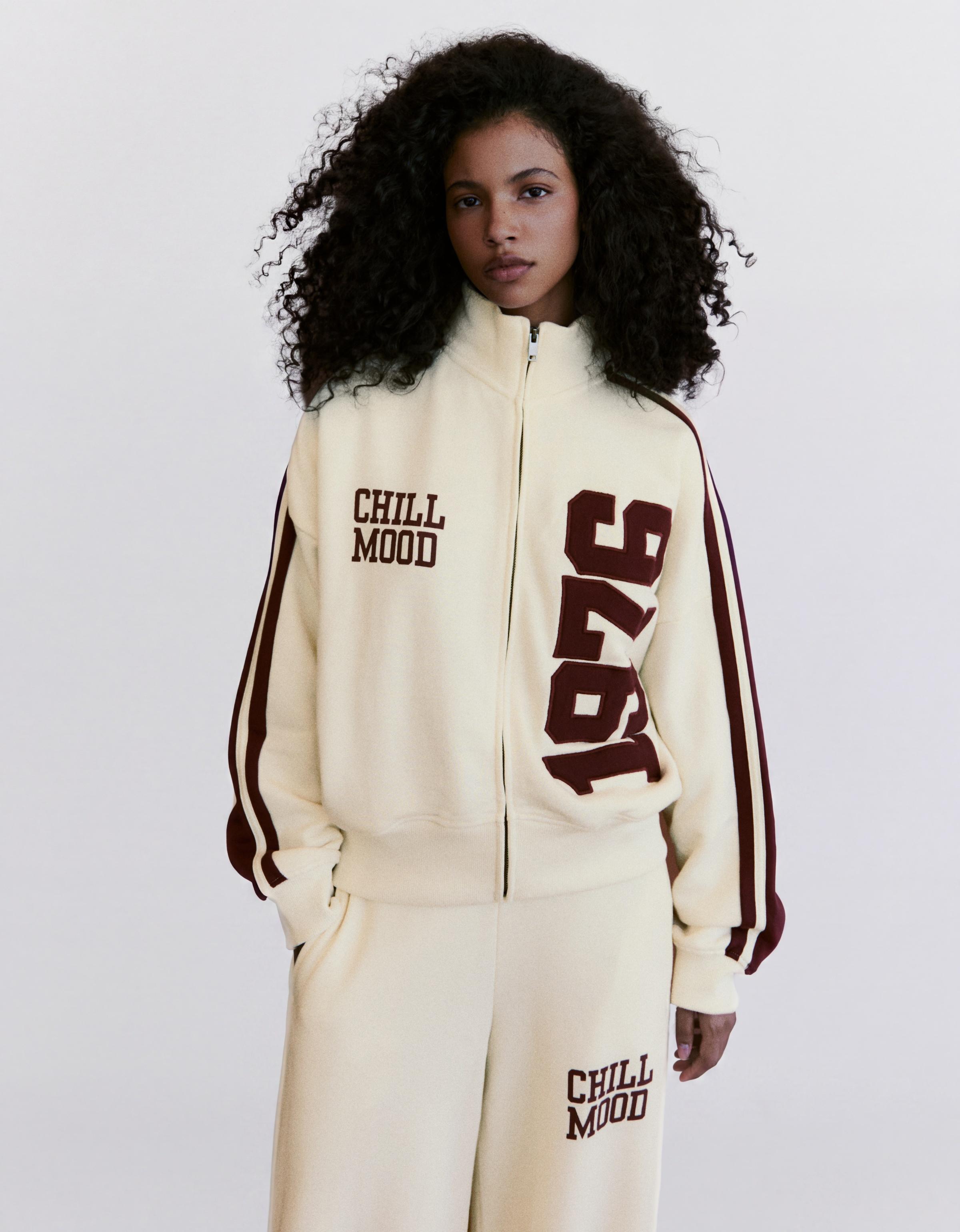 Plush zip-up sweatshirt with patch — Cream