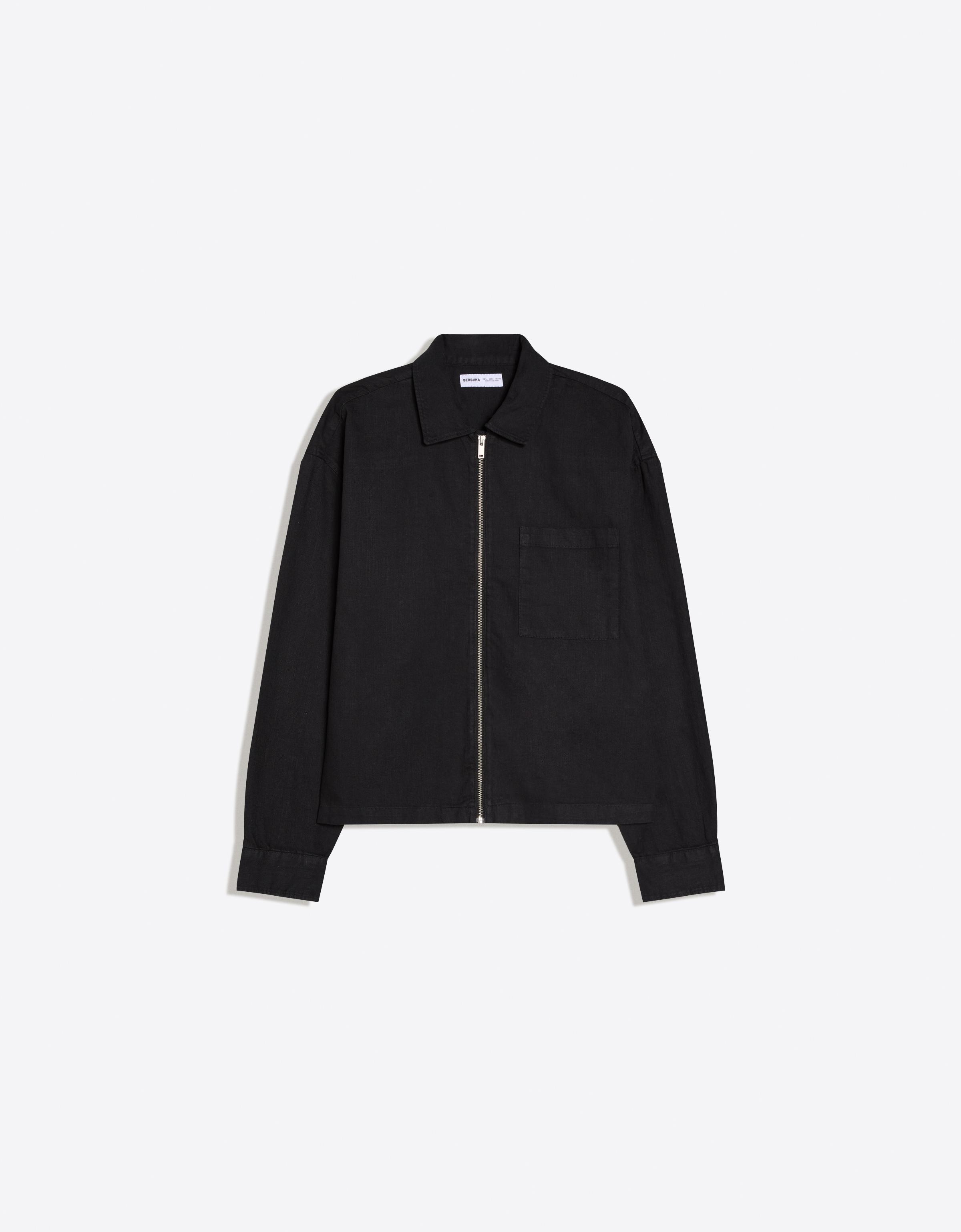 Zip-up overshirt with linen — Black