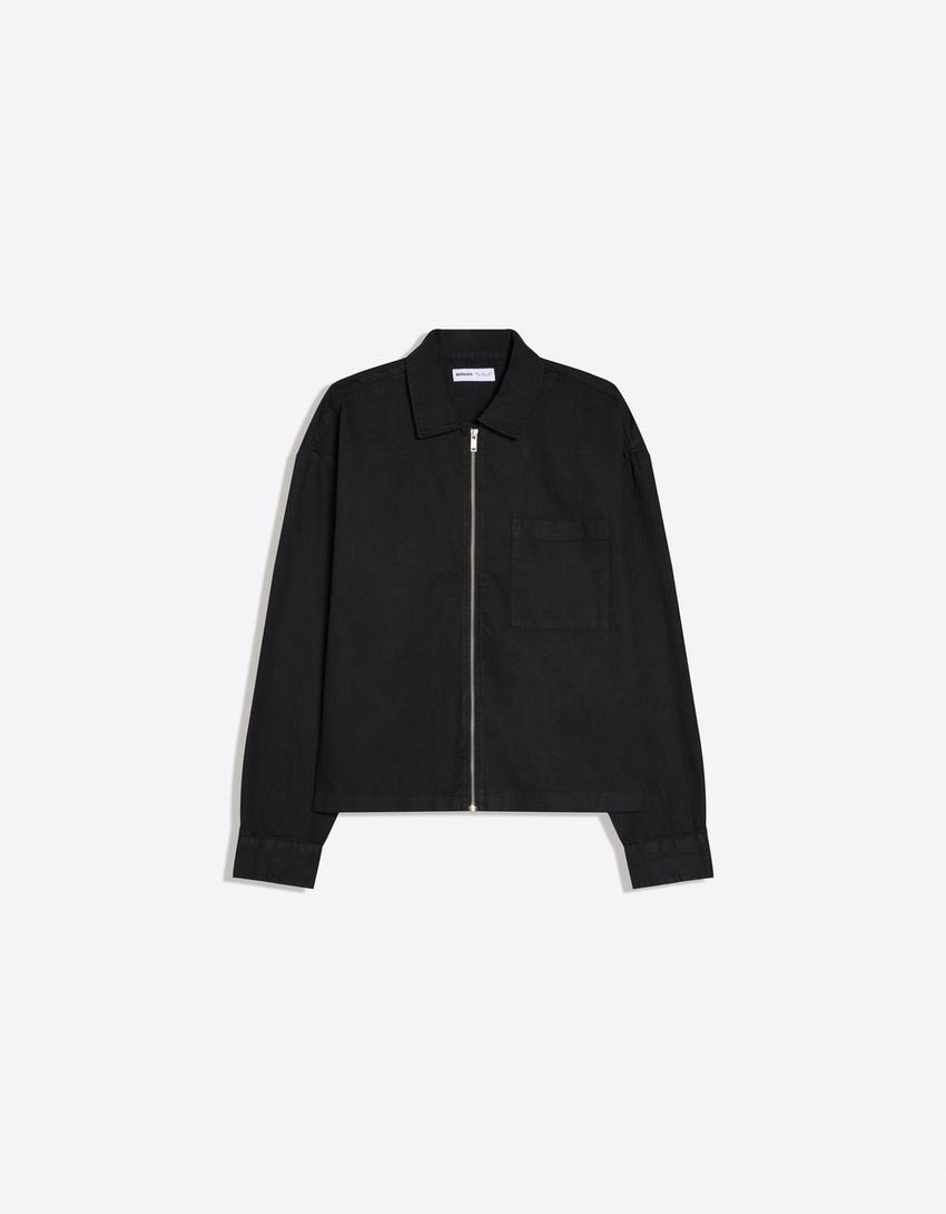Zip-up overshirt with linen-Black
