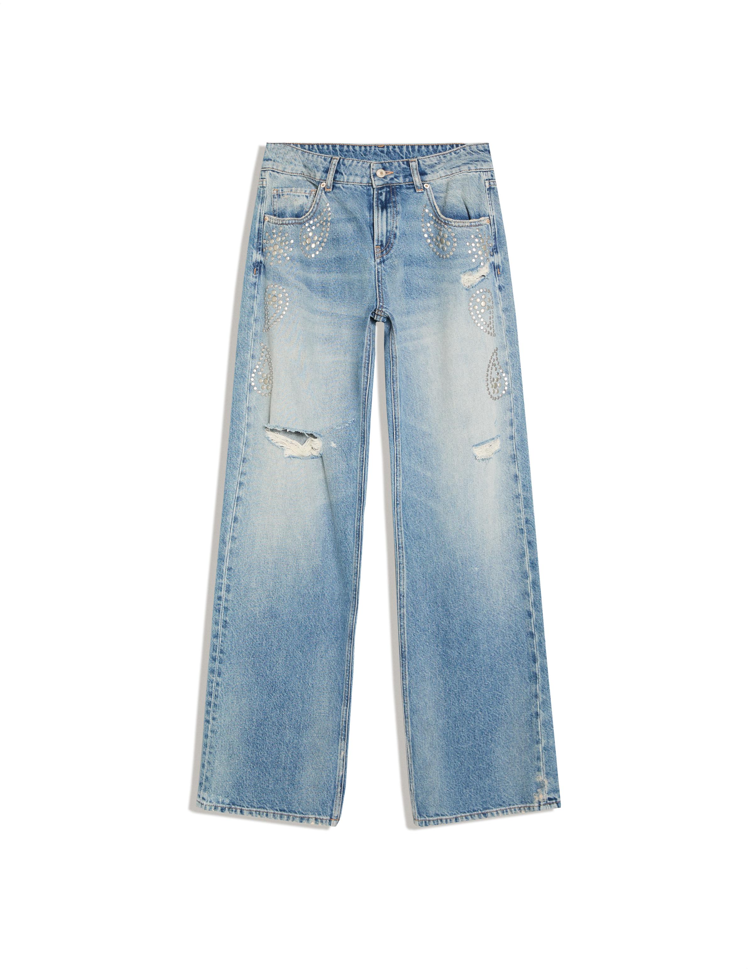 Mid-waist straight-leg studded jeans — Light blue