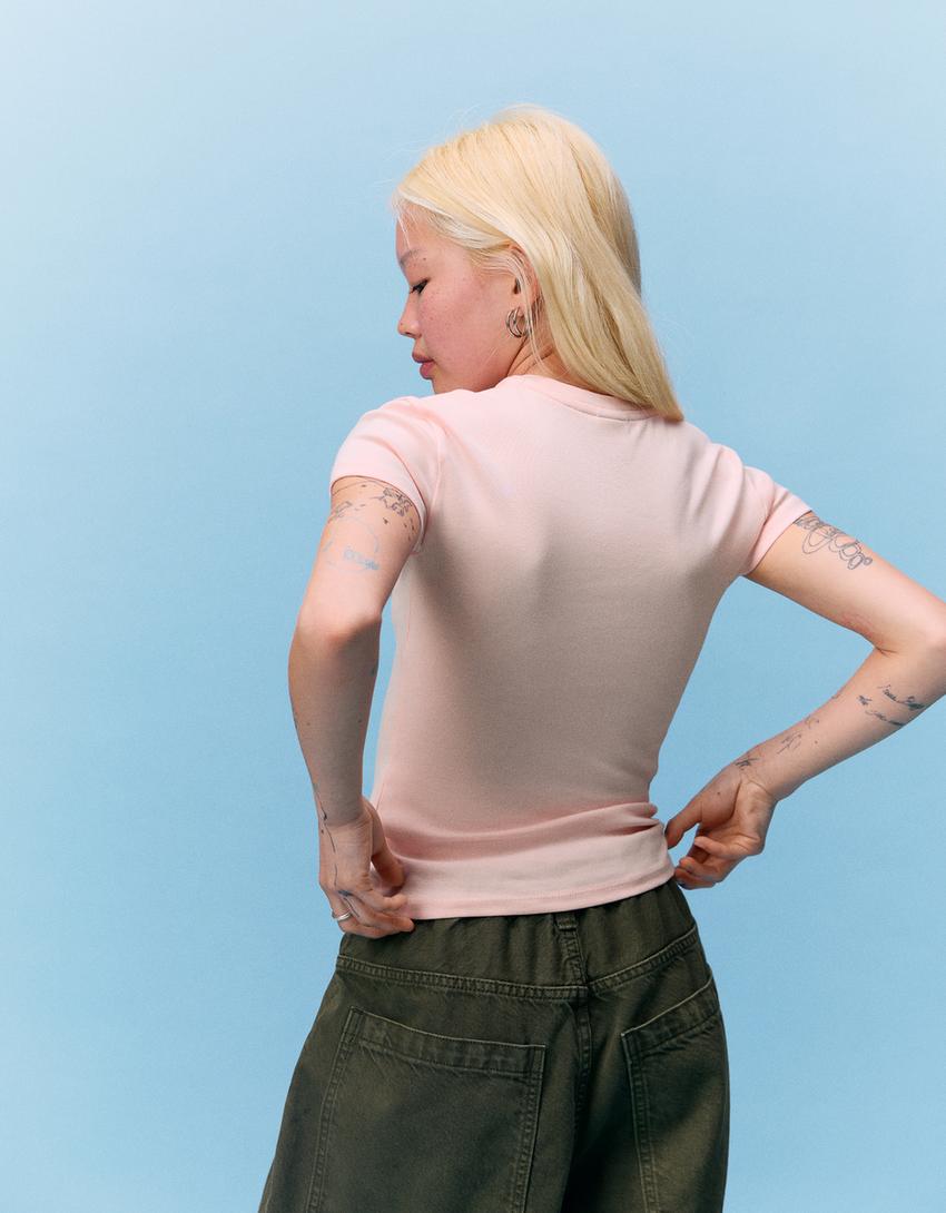 T-shirt manches courtes imprimé et perles-Rose