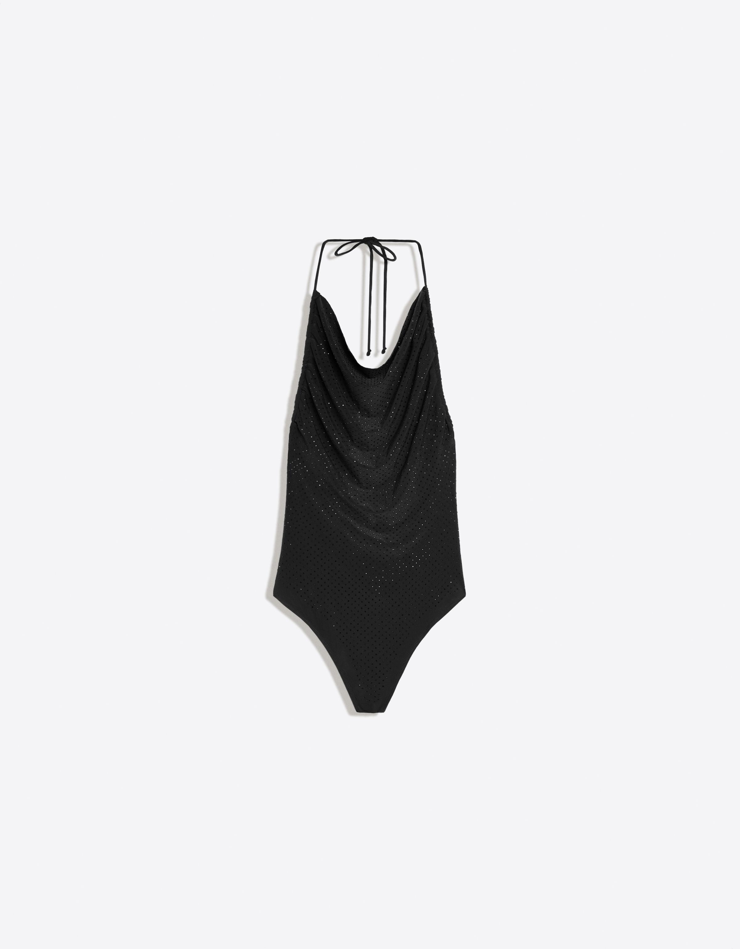 Bershka Drapowane Body Z Dekolt Halter I Ramiączka Błyszczące Kobieta Czarny