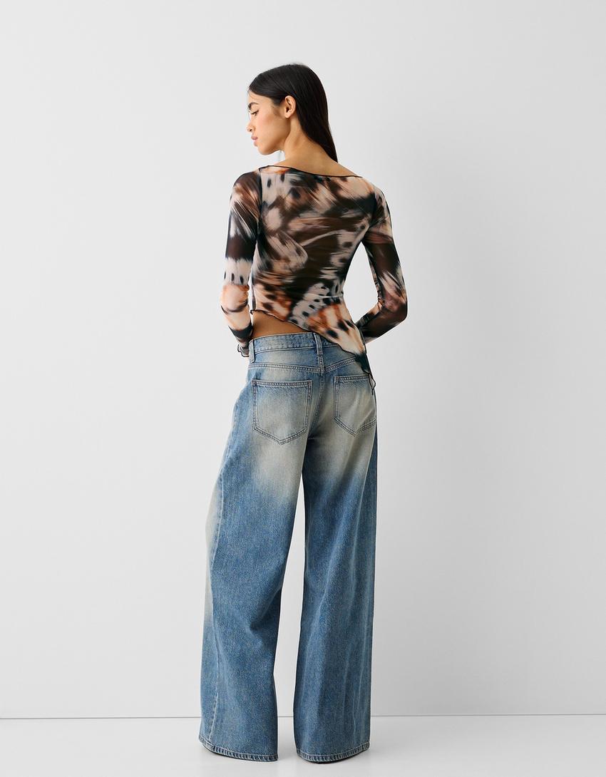 Long sleeve tulle print T-shirt-Black-1