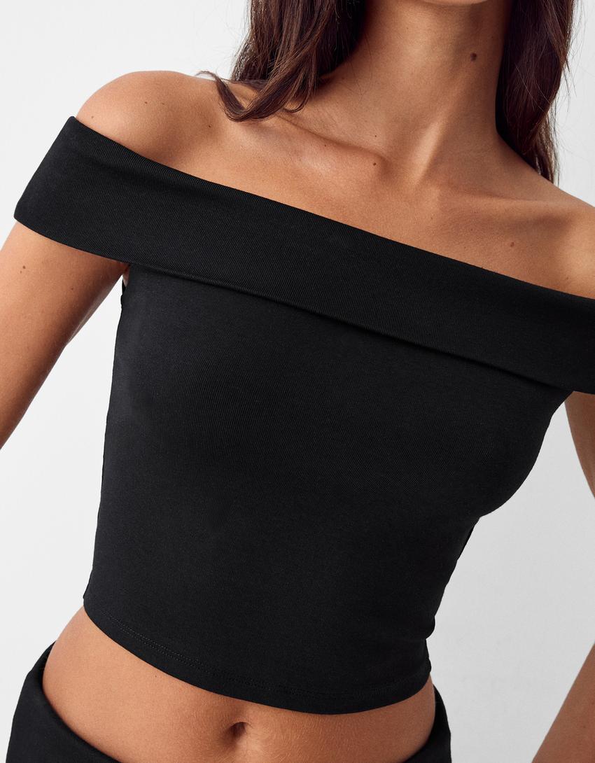 T-shirt manches courtes col Bardot-Noir-2