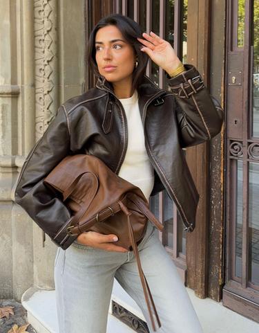 Leather effect funnel neck jacket — Brown 1