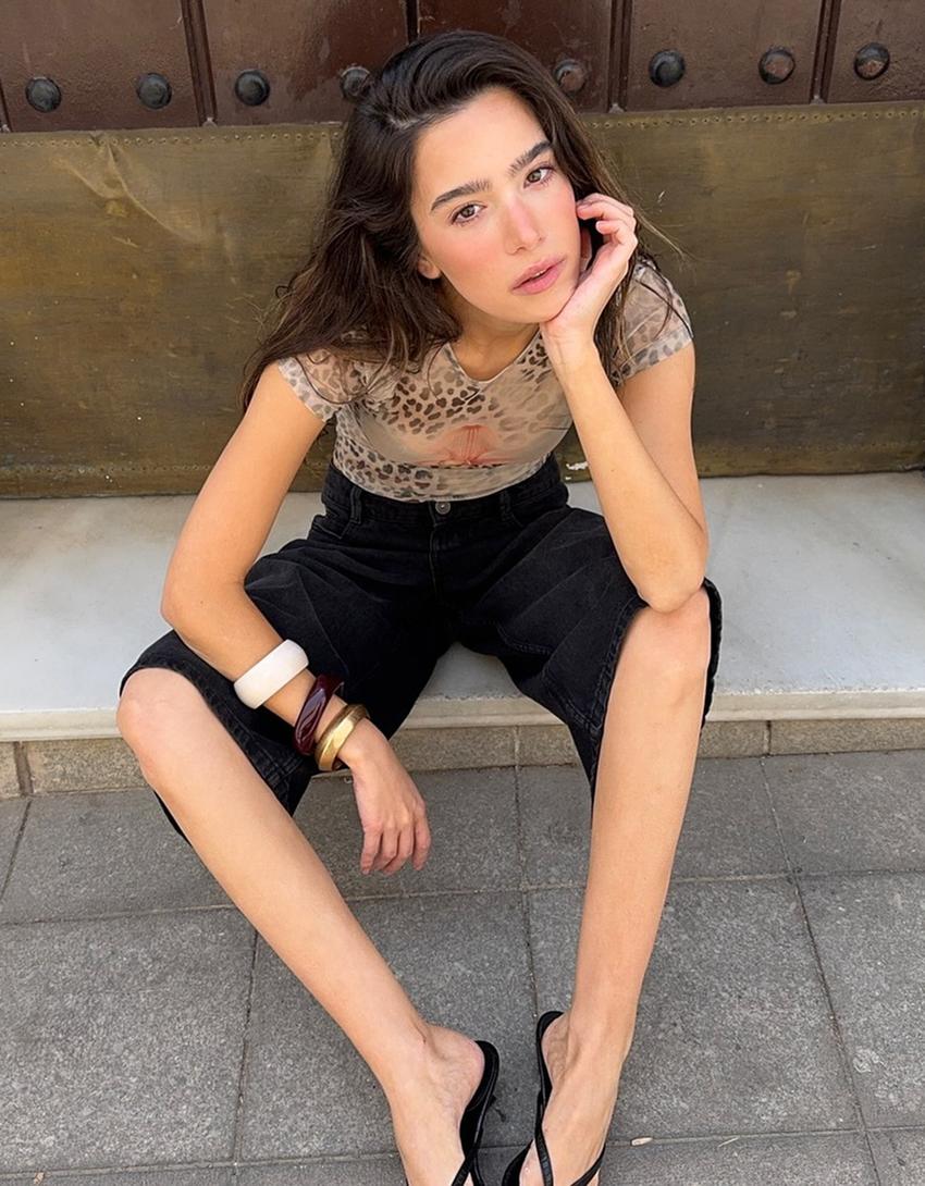 Printed short sleeve tulle T-shirt-Camel