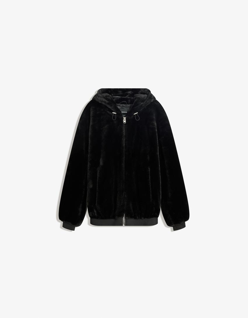 Hooded faux fur jacket-Black