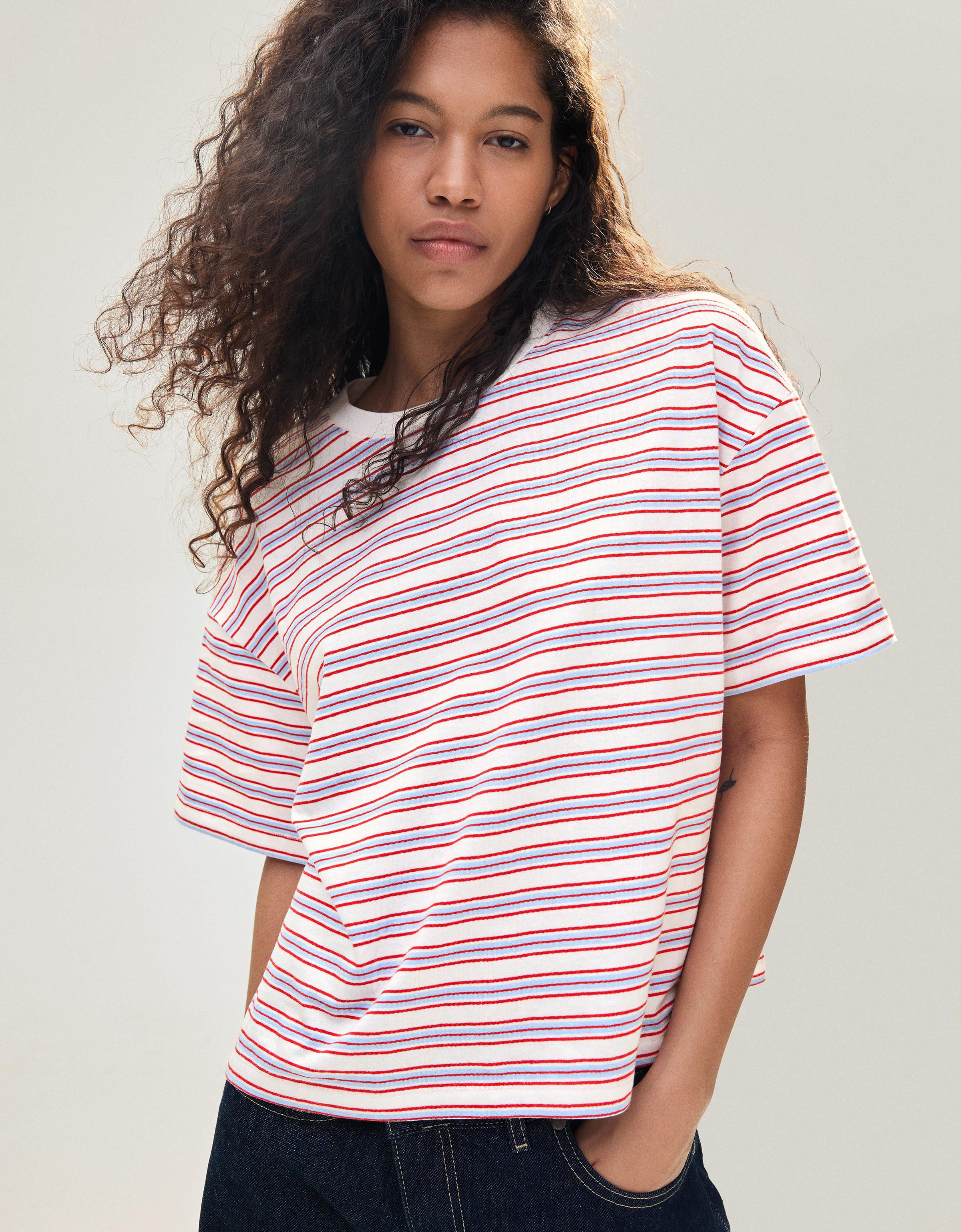 Bershka Camiseta Boxy Fit Rayas Mujer L Blanco