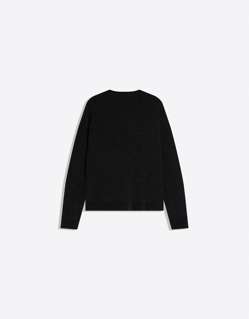 Pull col rond en chenille imprimé-Noir