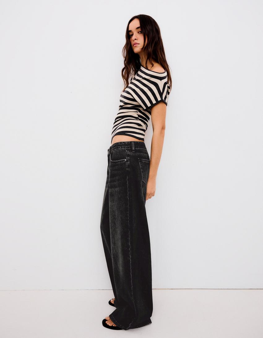 Jeans wide leg tiro bajo-Negro