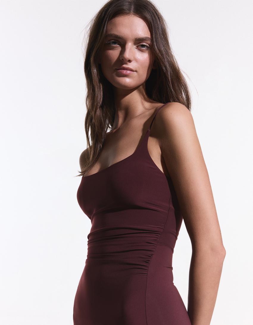 Gathered strap midi dress-Burgundy