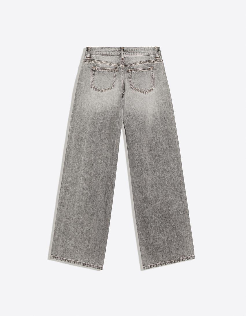 Jeansy wide leg z niskim stanem-Szary