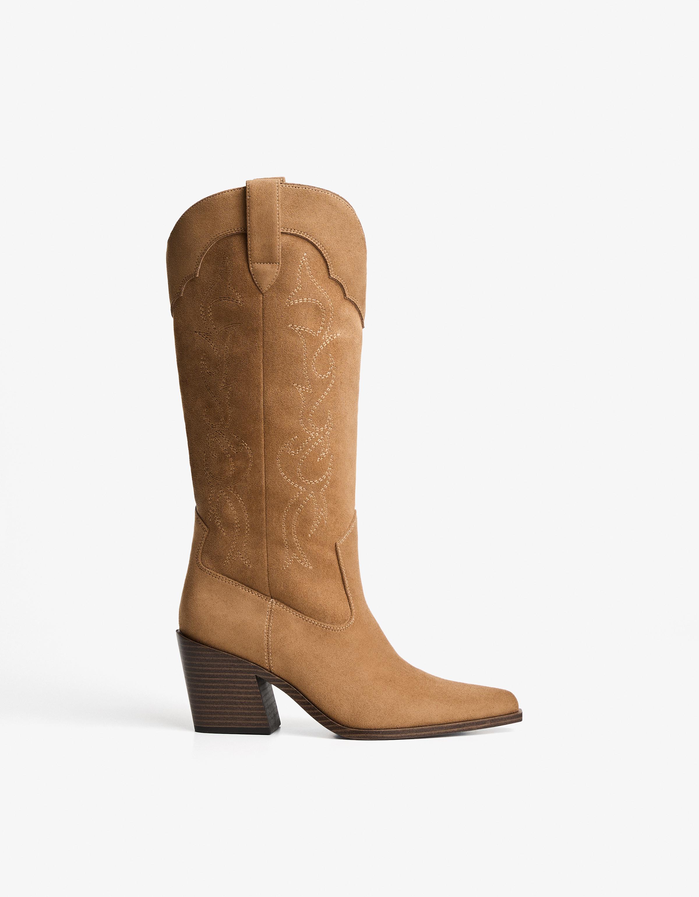 Bershka Cowboy-Stiefel Mit Absatz Und Stickereien Damen 40 Sandfarbe