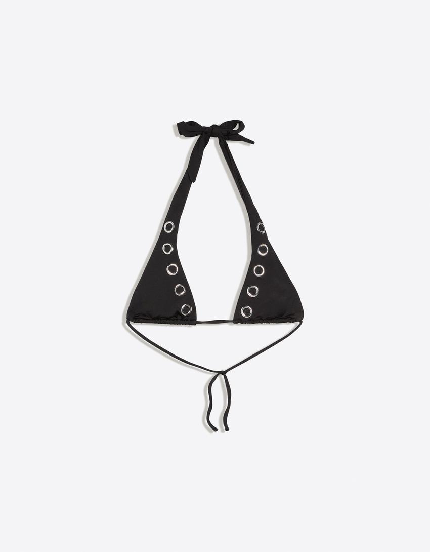 Halter bikini top with eyelet detail-Black