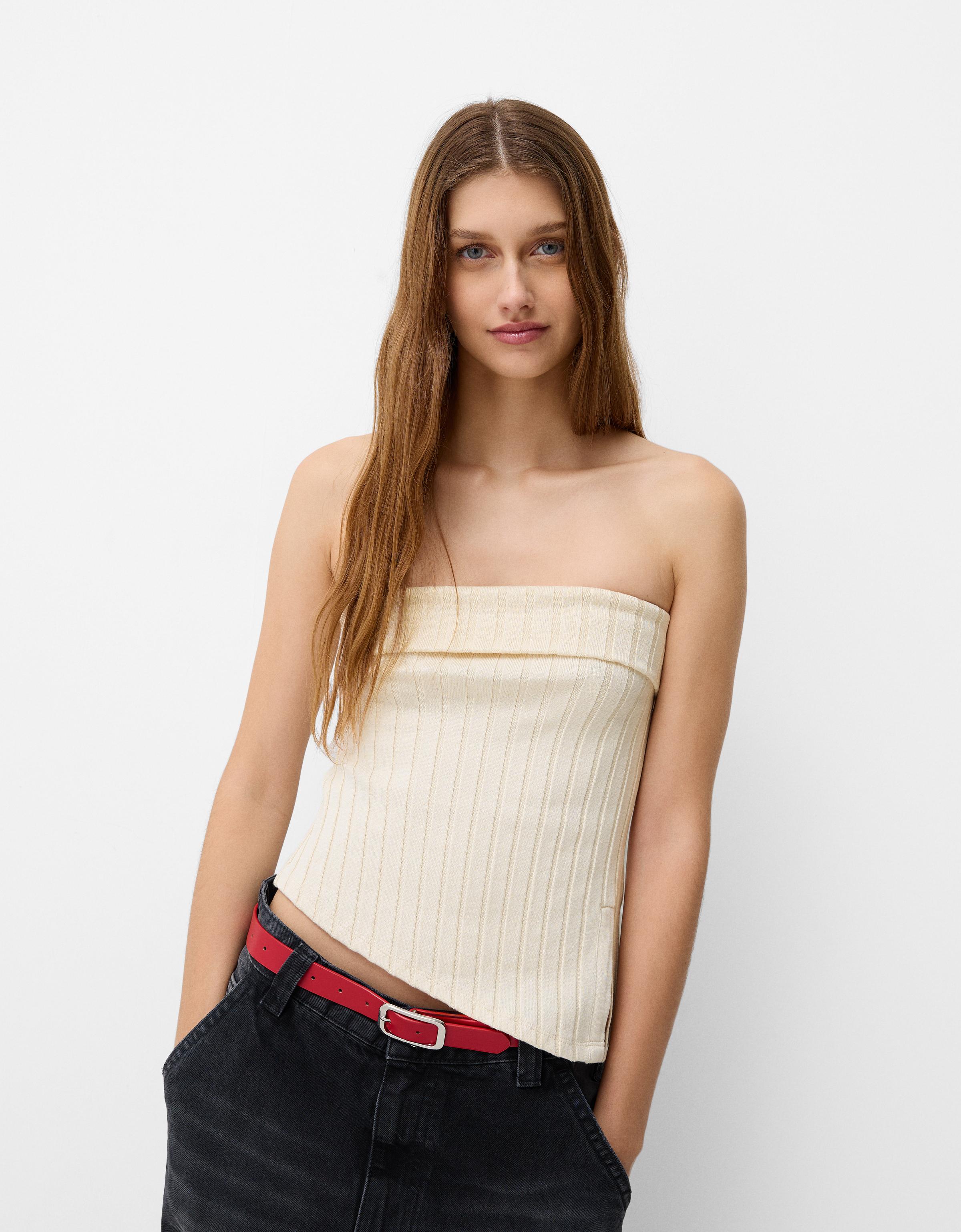 Bershka Bandeau-Top Mit Seitlichem Schlitz Damen Xs Beige