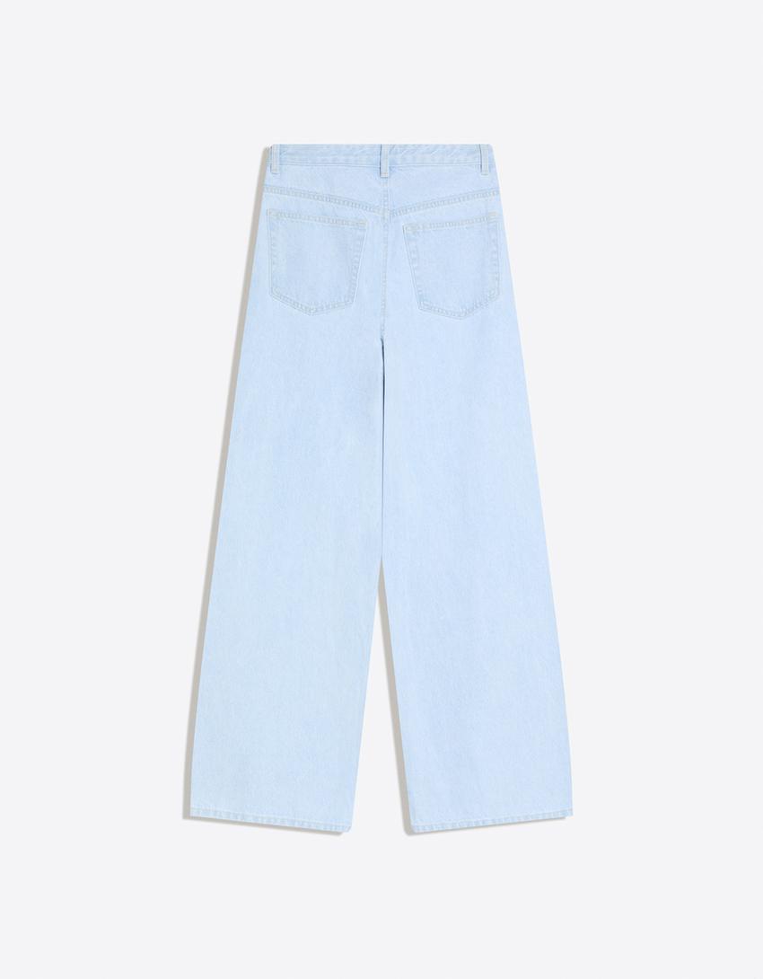 Çapraz belli yüksek bel geniş paça jean-Açık mavi
