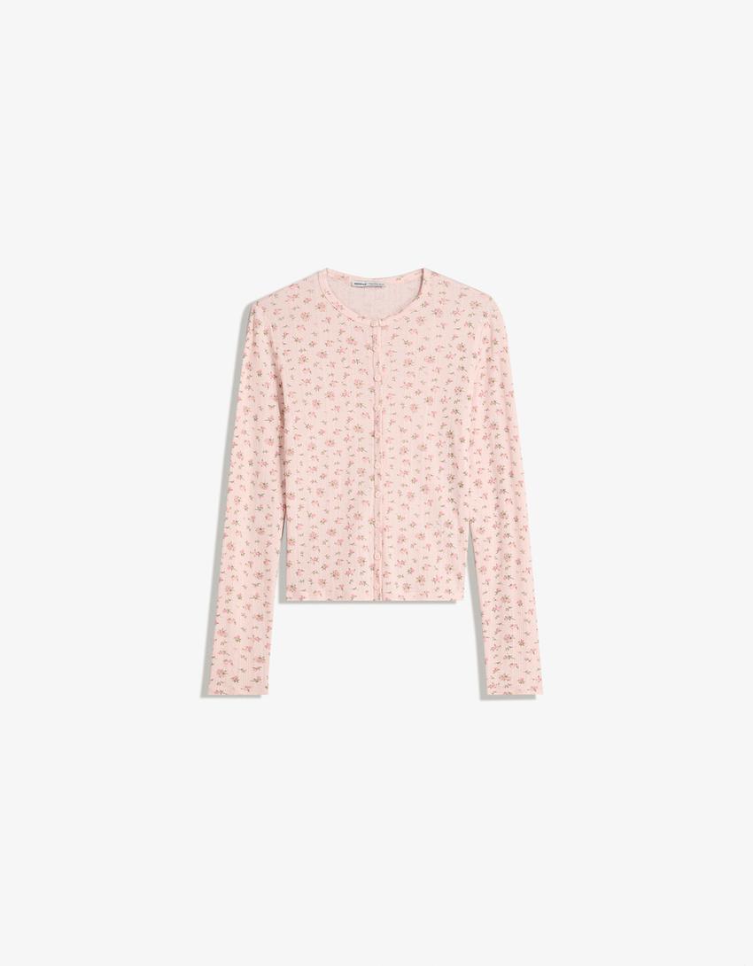 Pointelle print cardigan-Pink
