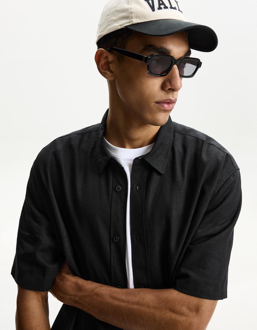 Camisa manga corta con lino-Negro