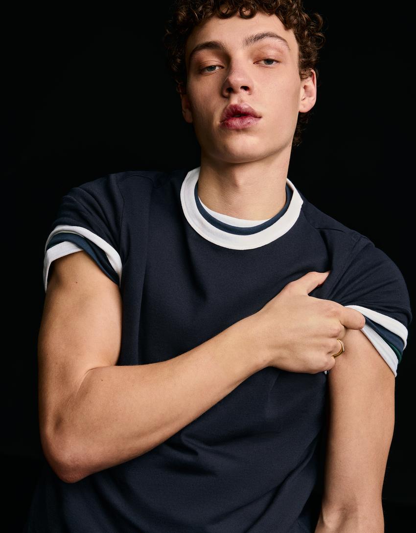 Short sleeve contrast rib T-shirt-Navy