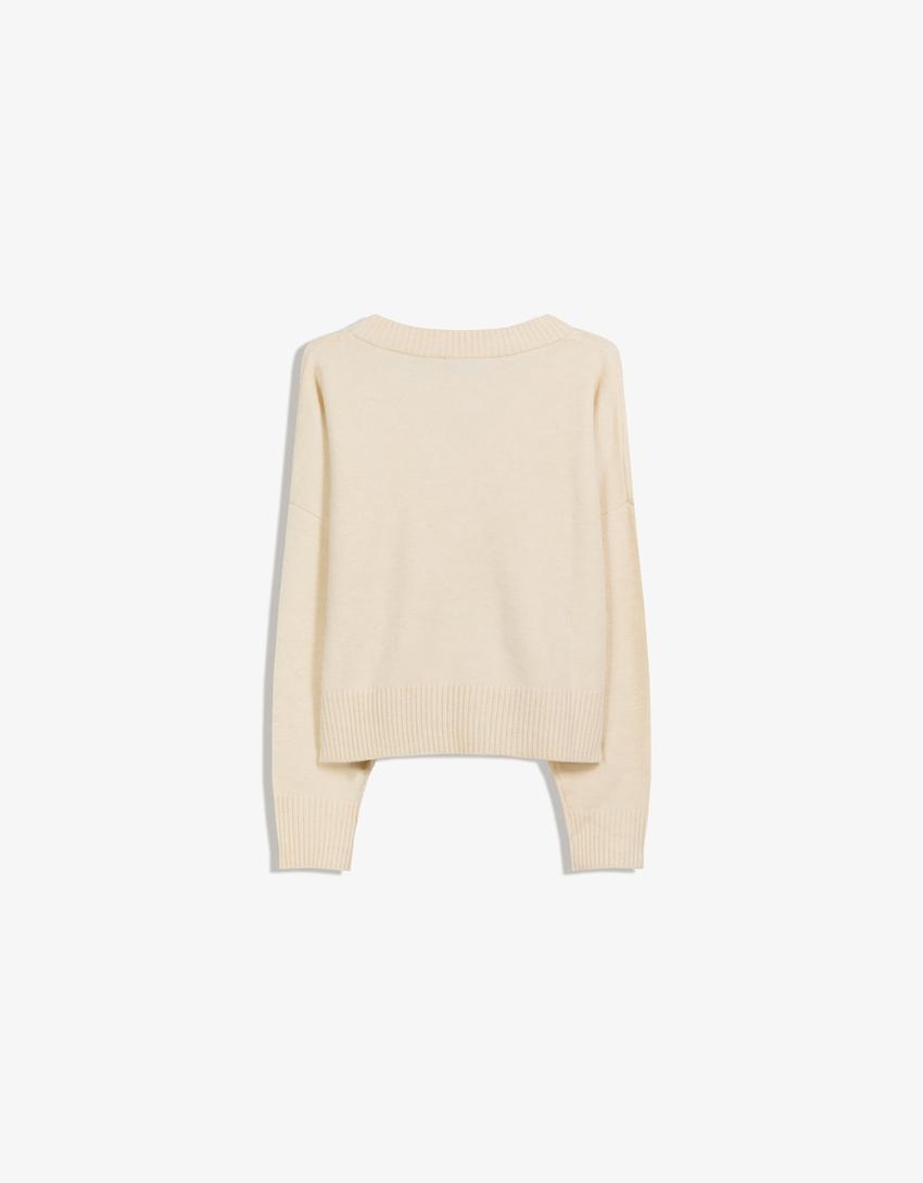V-neck cropped sweater-Cream