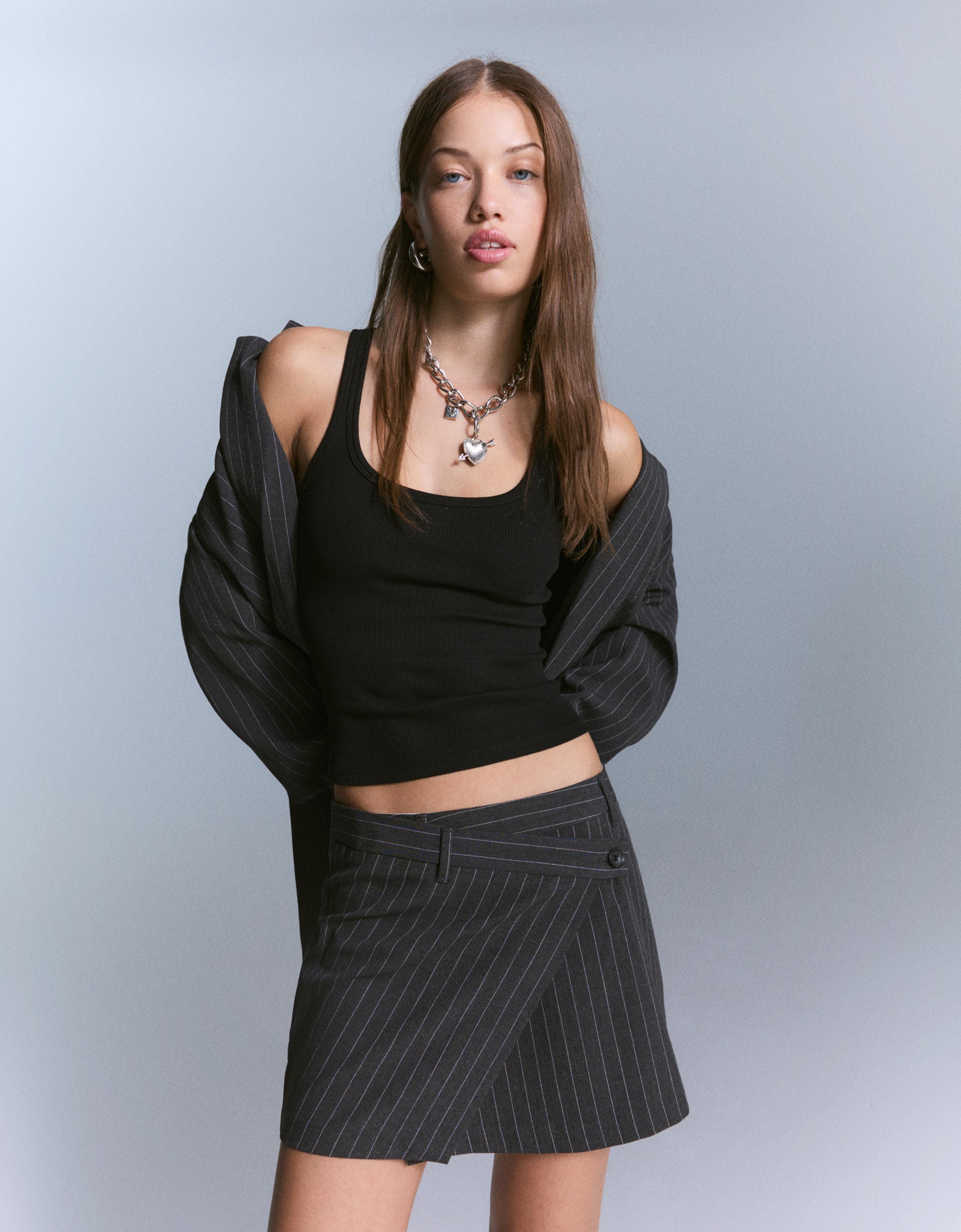 Bershka Minirock Mit Überkreuztem Bund Damen 42 Grau