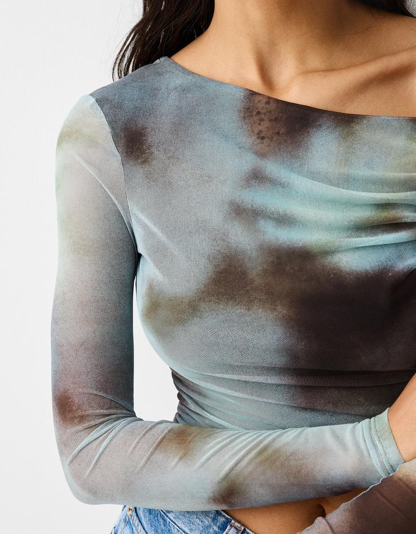 Top à manches longues en tulle imprimé-Bleu-5