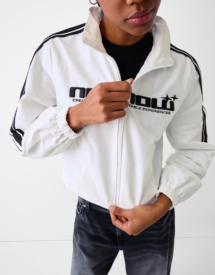 Kolları şeritli naylon ceket-Krem-5