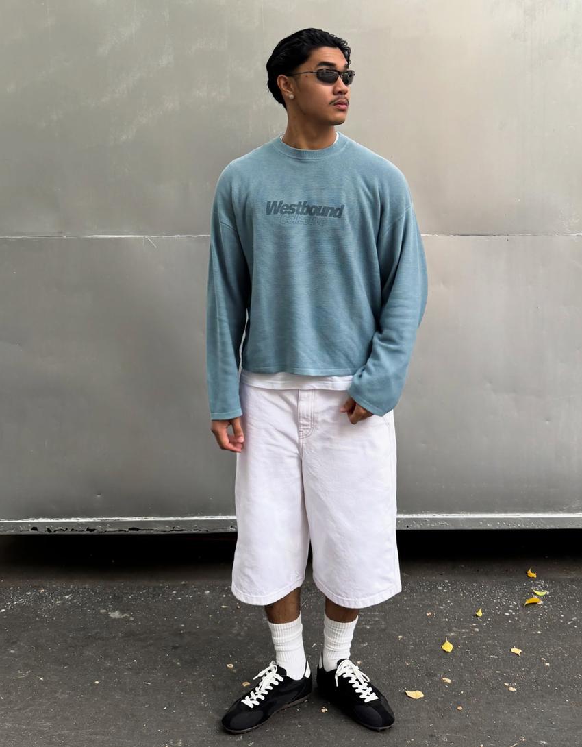 Skater denim bermuda-Beyaz