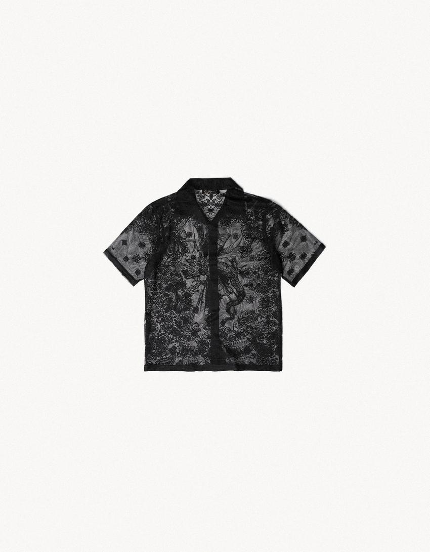 ARIES X BERSHKA dantelli kısa kollu gömlek-Siyah