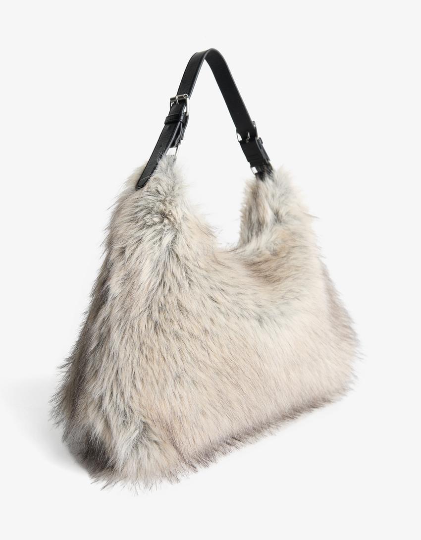 Faux fur shoulder bag-Grey