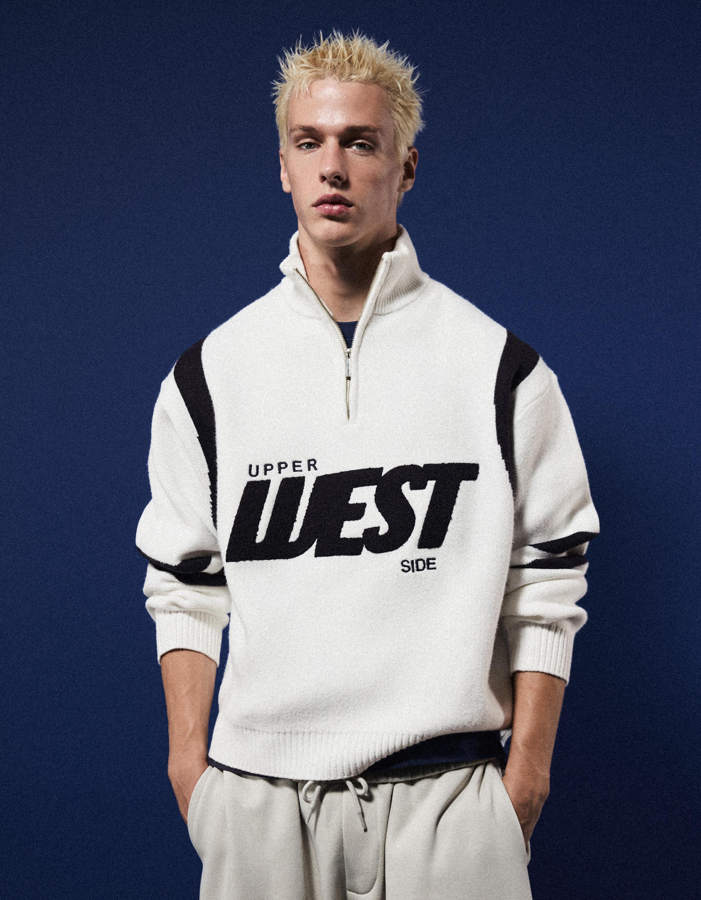 Bershka Grafik desenli yarım fermuarlı kazak görsel 7