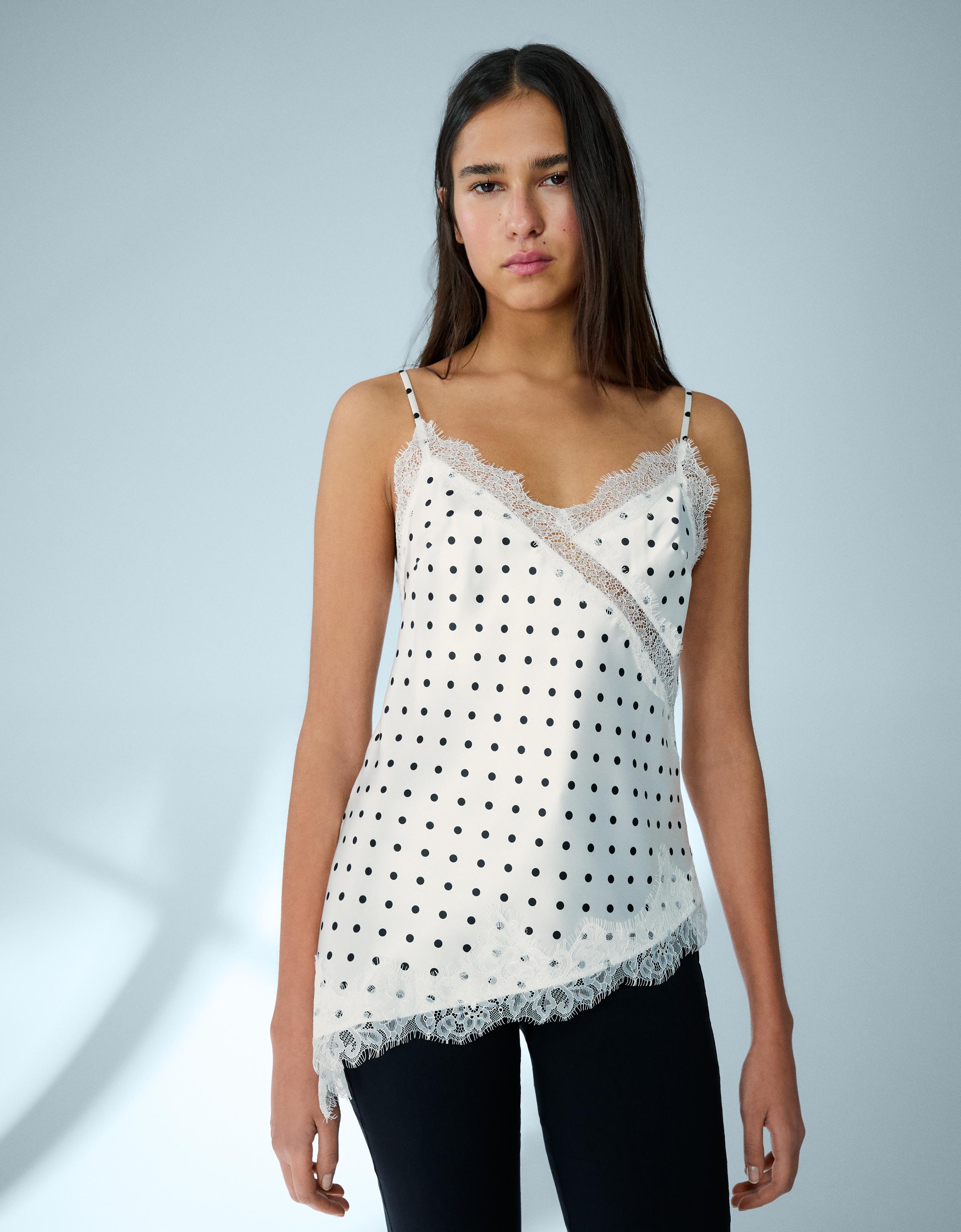 Bershka Asymmetrisches Satin-Trägertop Mit Spitze Damen L Weiss / Schwarz