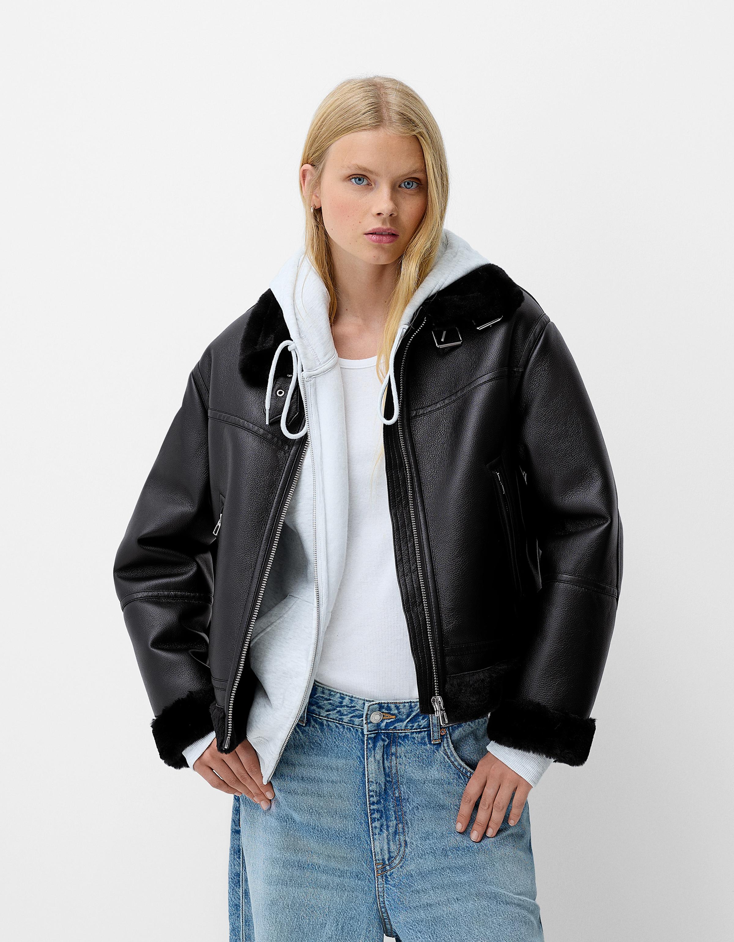 Bershka Doubleface-Jacke Aus Kunstpelz Damen Xs Schwarz