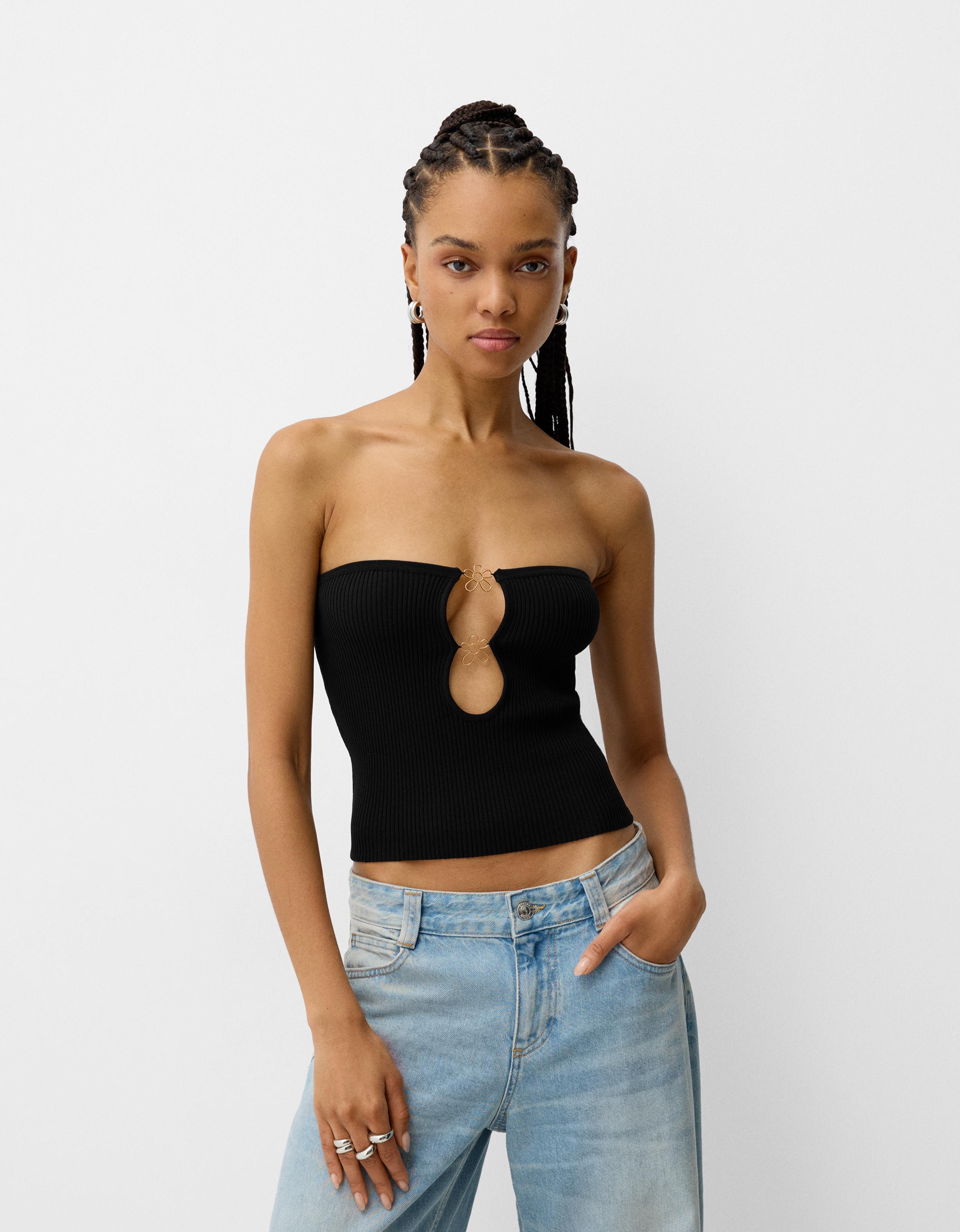 Bershka Bandeau-Top Mit Strass Damen M Schwarz