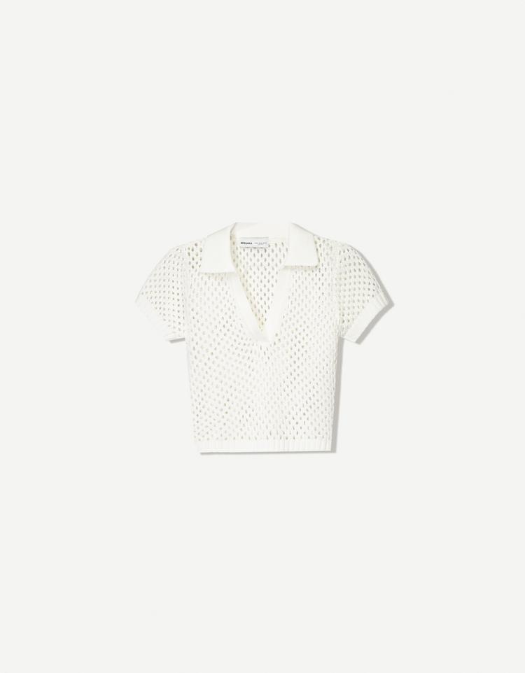Short sleeve mesh polo collar sweater