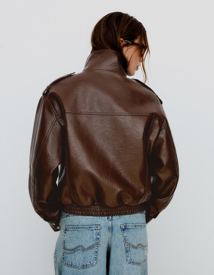Faux leather funnel collar jacket-Brown