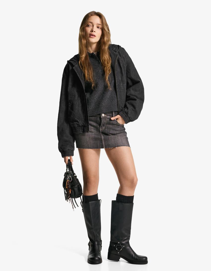 Studded denim bomber jacket with hood-Black
