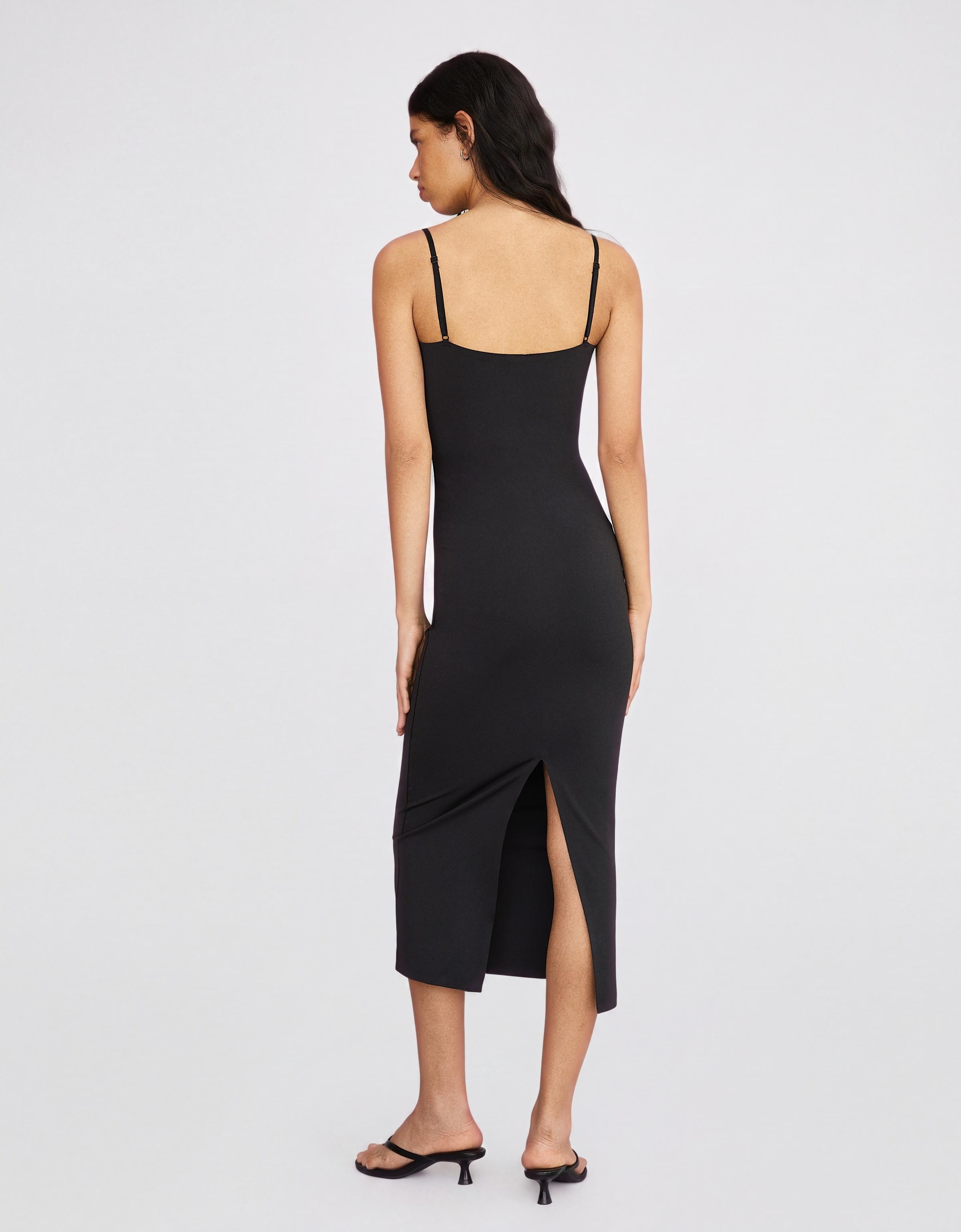 Midi dress with straps and sweetheart neckline — Black