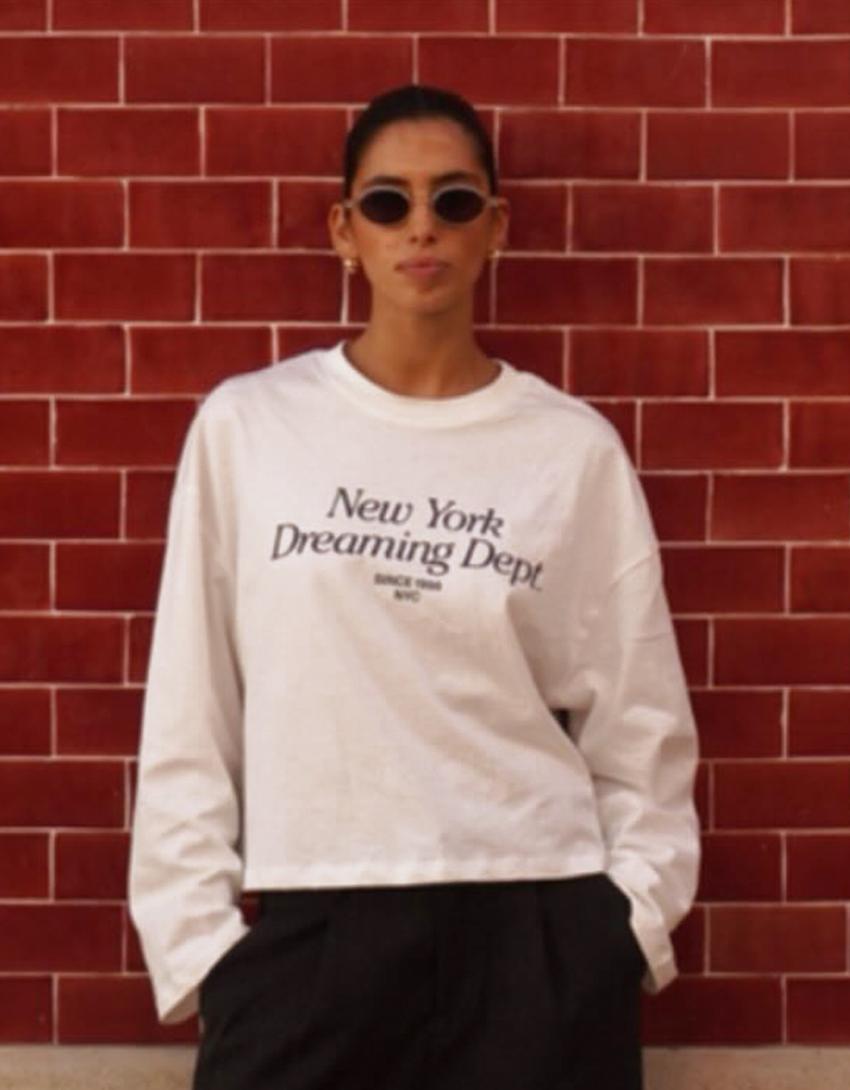 T-shirt à manches longues boxy fit imprimé-Blanc cassé