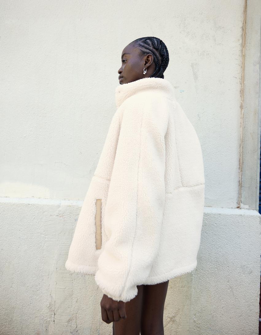 Blouson en mouton synthétique-Écru