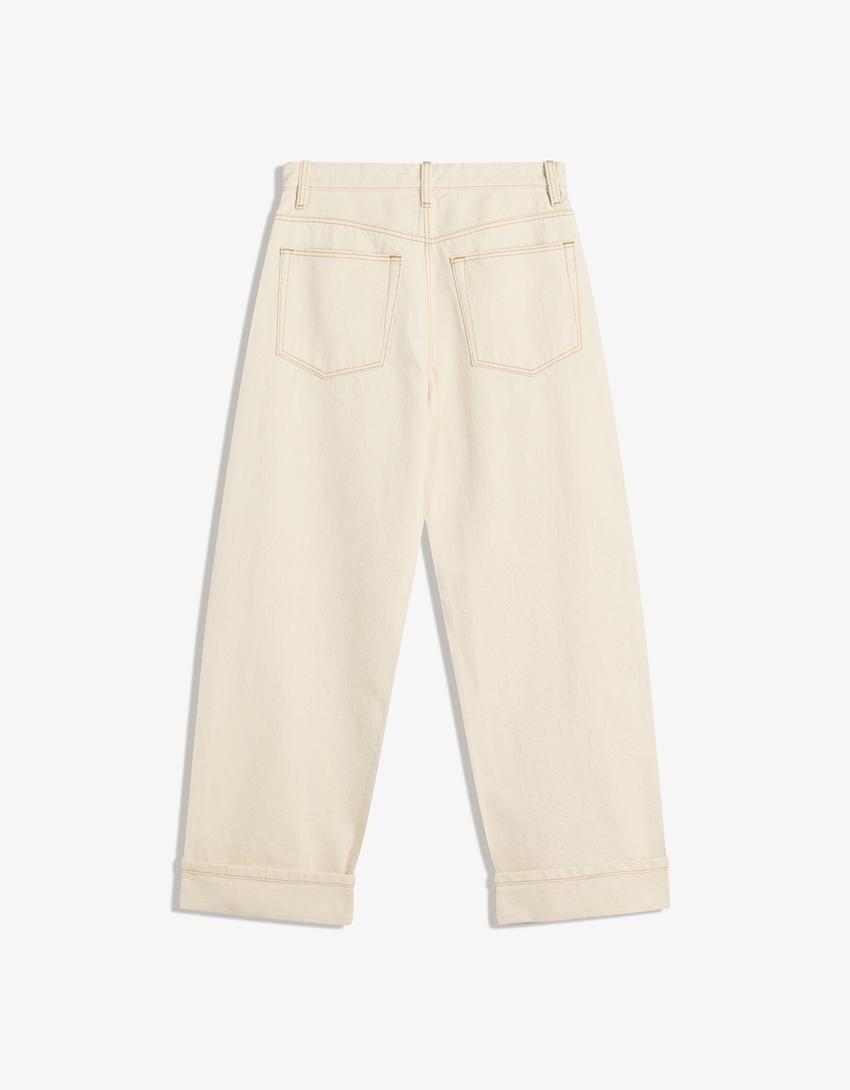 Jeansy o kroju baggy roll up-Kremowy-4