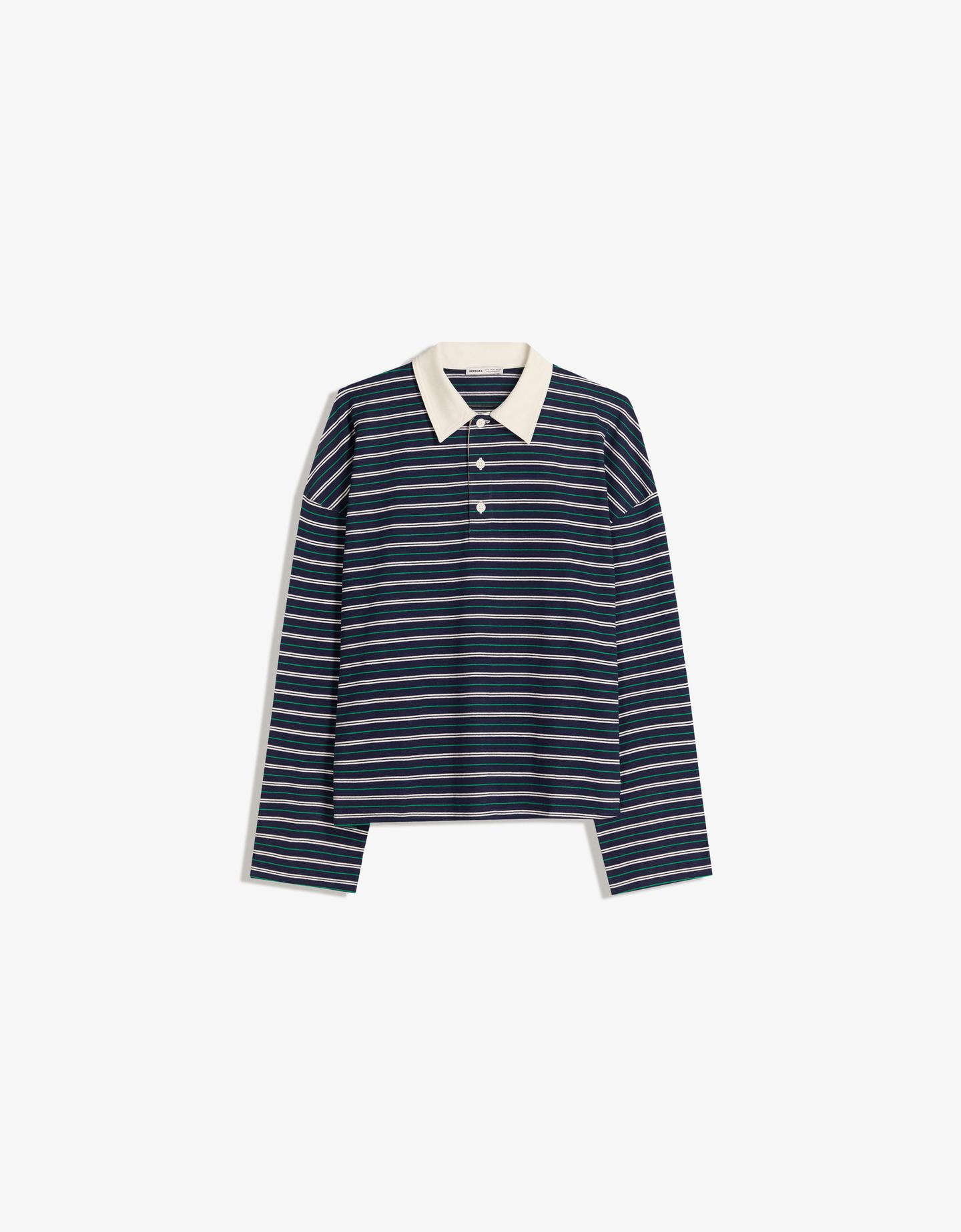 Bershka Camiseta Manga Larga Cuello Polo Mujer Xs Marino