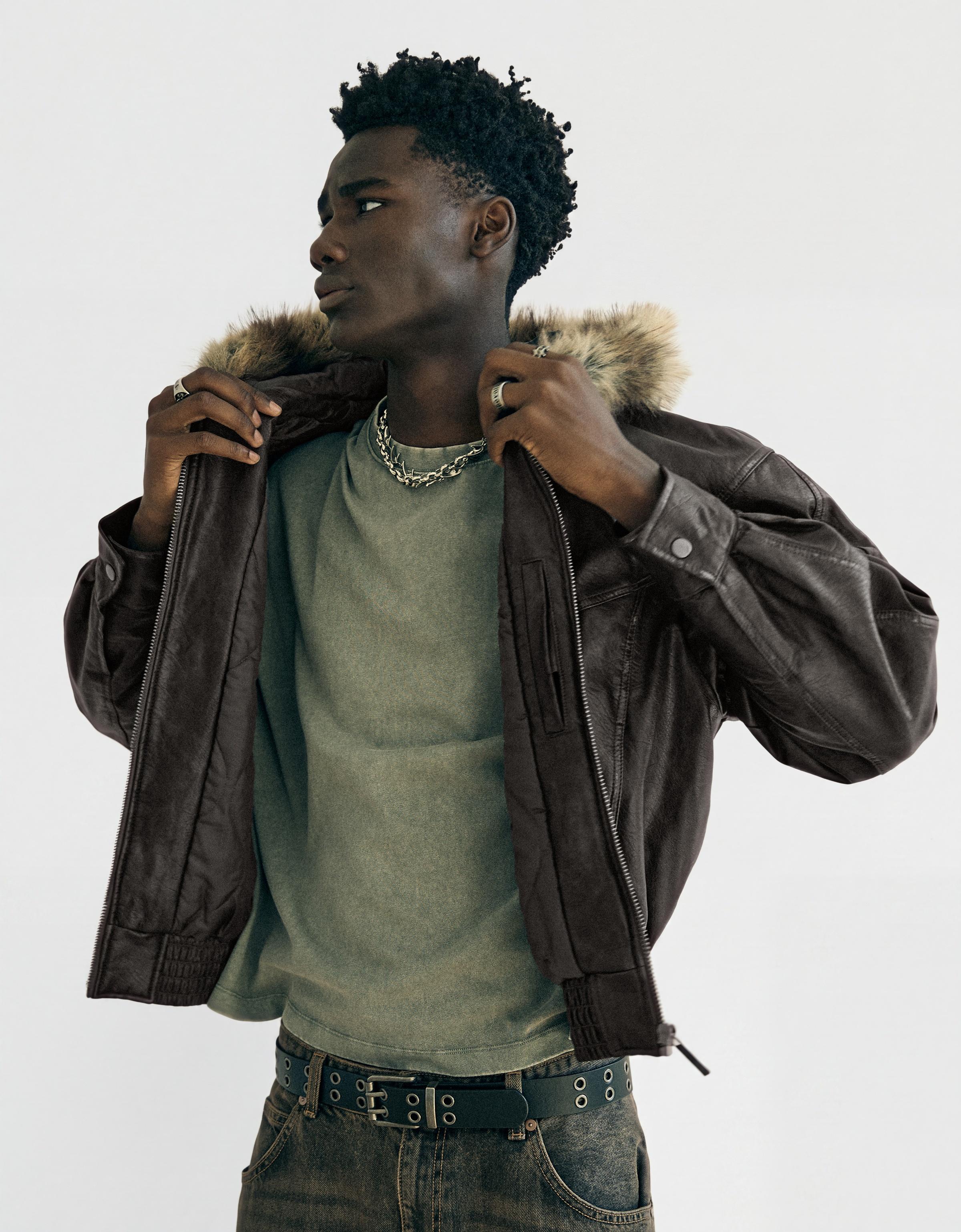 Leather effect jacket with faux fur hood — Brown