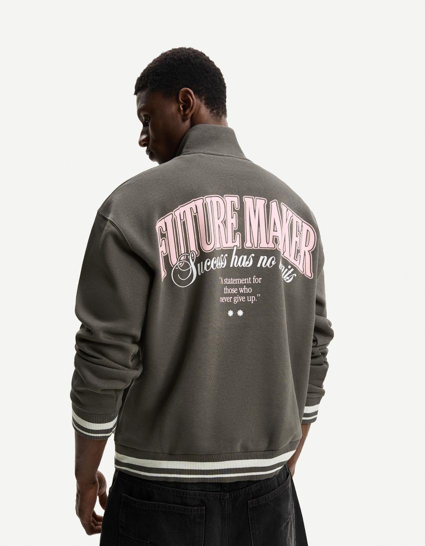 Baskılı fermuarlı sweatshirt-Gri-1