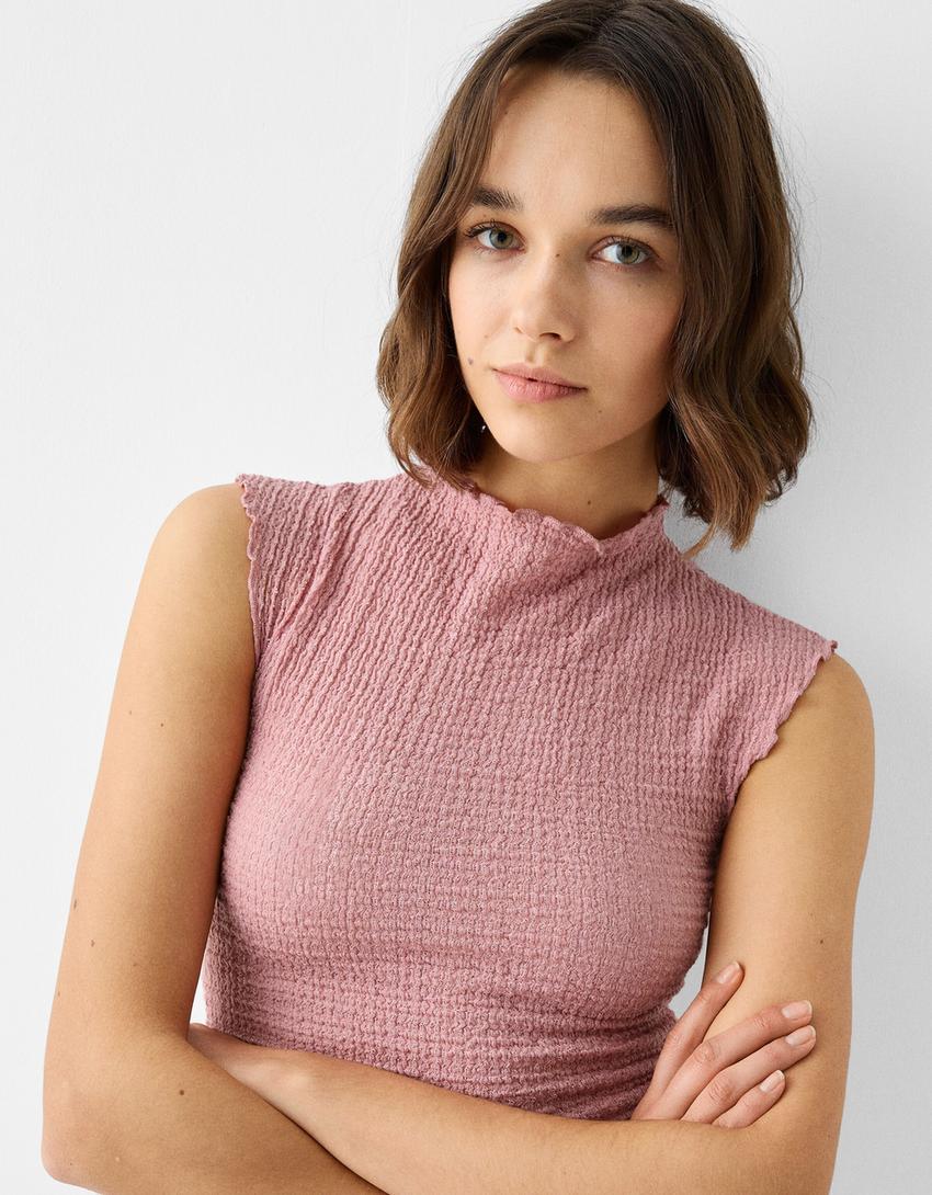 Waffle-knit top and skirt set-Pink-3