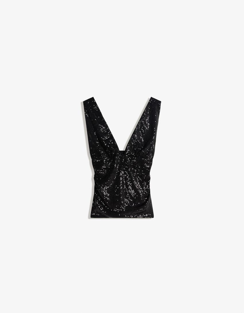 Fitted shimmery top with gathering-Black