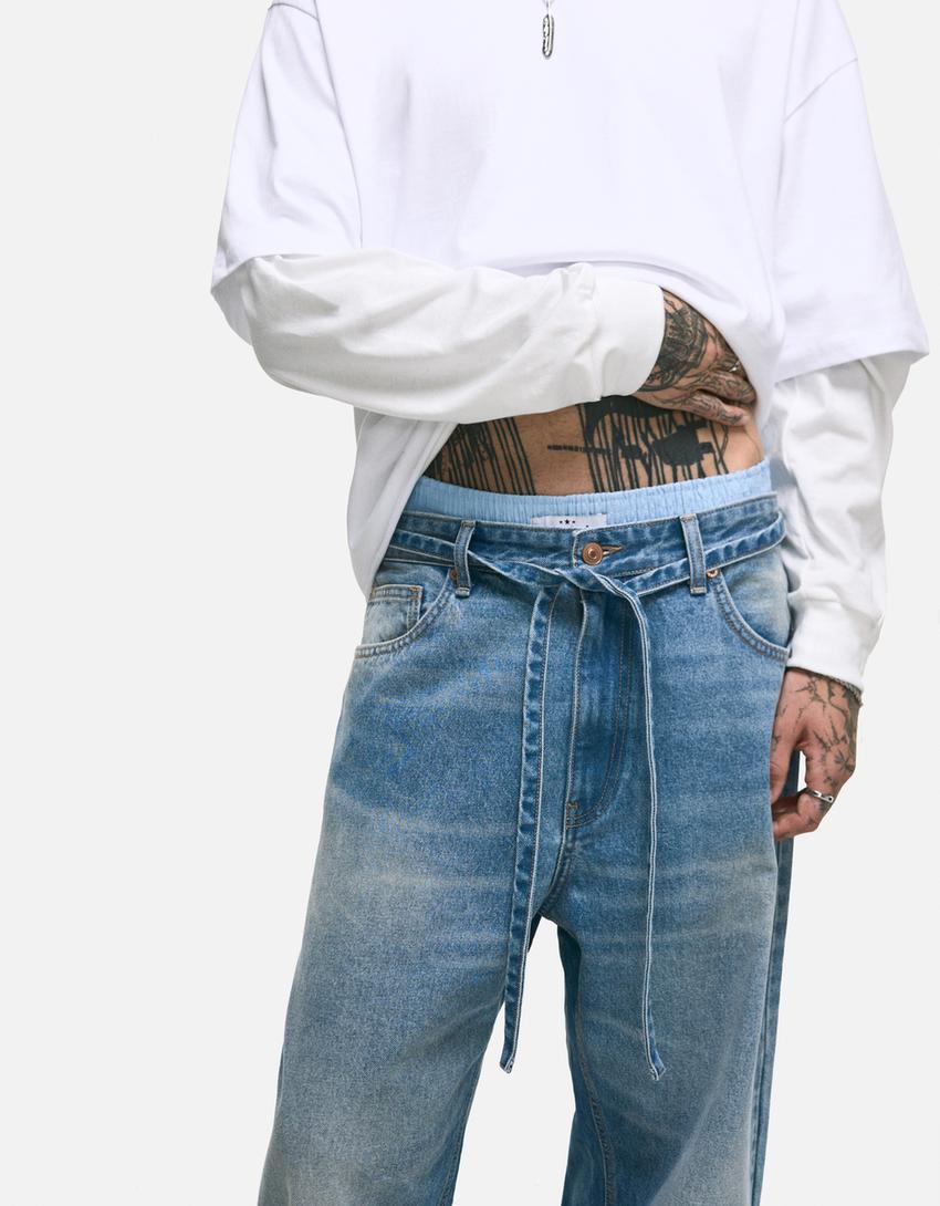 Торбести дънки с колан-Синьо с избелял ефект