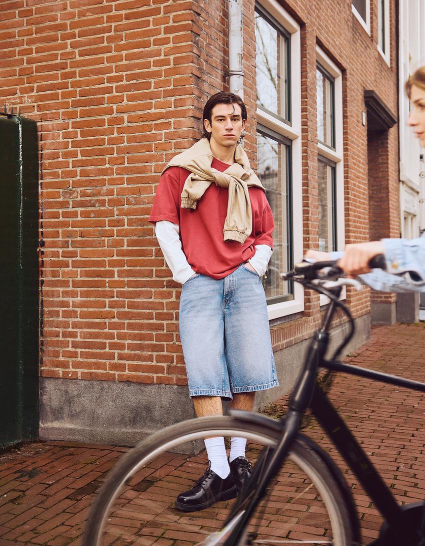 Baggy denim Bermuda shorts-Light blue